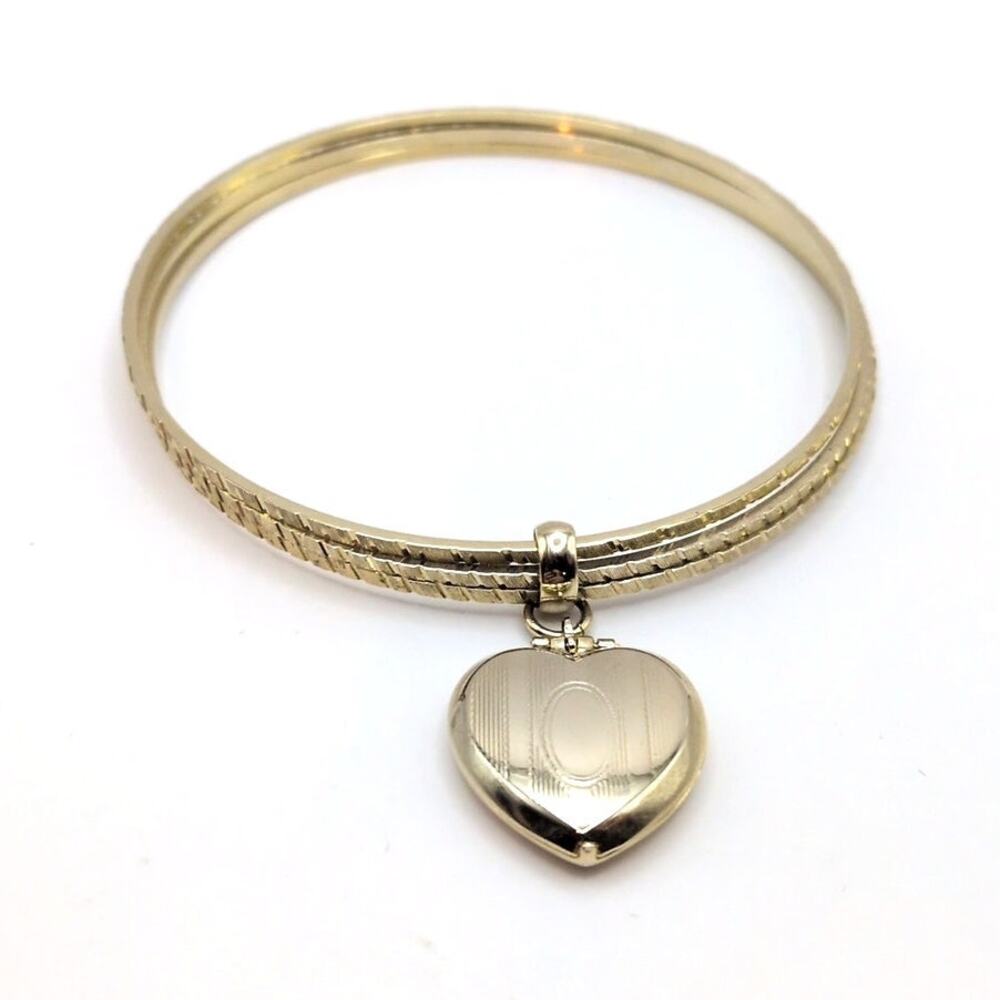VTG Triple Etched Bangle Dangle Heart Photo Locket Bracelet Vertical Hinge 8.5in